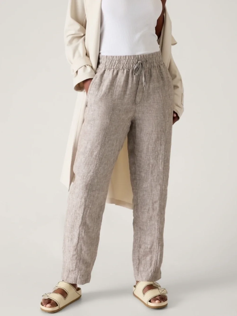 Athleta 100% Linen Retreat High Rise Ankle Pants Small Brown Beach Coastal Boho